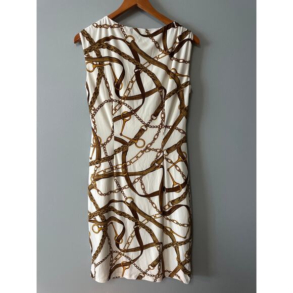 Lauren Ralph Lauren Dress 12 White Gold Chain Print Ruched Sheath Midi - Picture 4 of 6